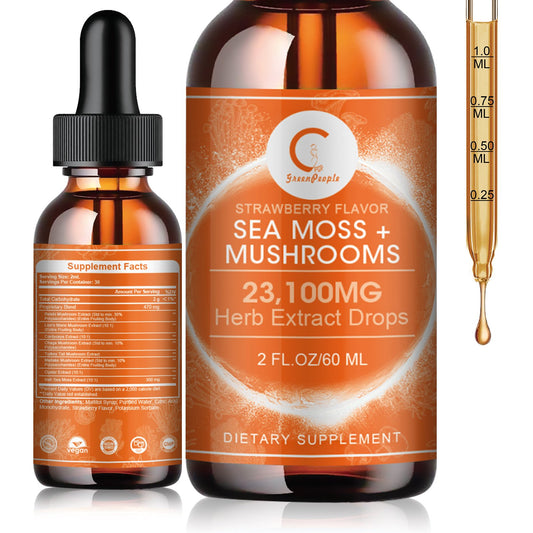 Sea Moss & Mushrooms Liquid Drops, Lions Mane Supplement with Irish Sea Moss & Cordyceps etc, Support for Memory, Focus & Clarify, Immune and Digestive Health, Non-GMO, Strawberry Flavor, 2 FL OZ - GPGP GREENPEOPLE