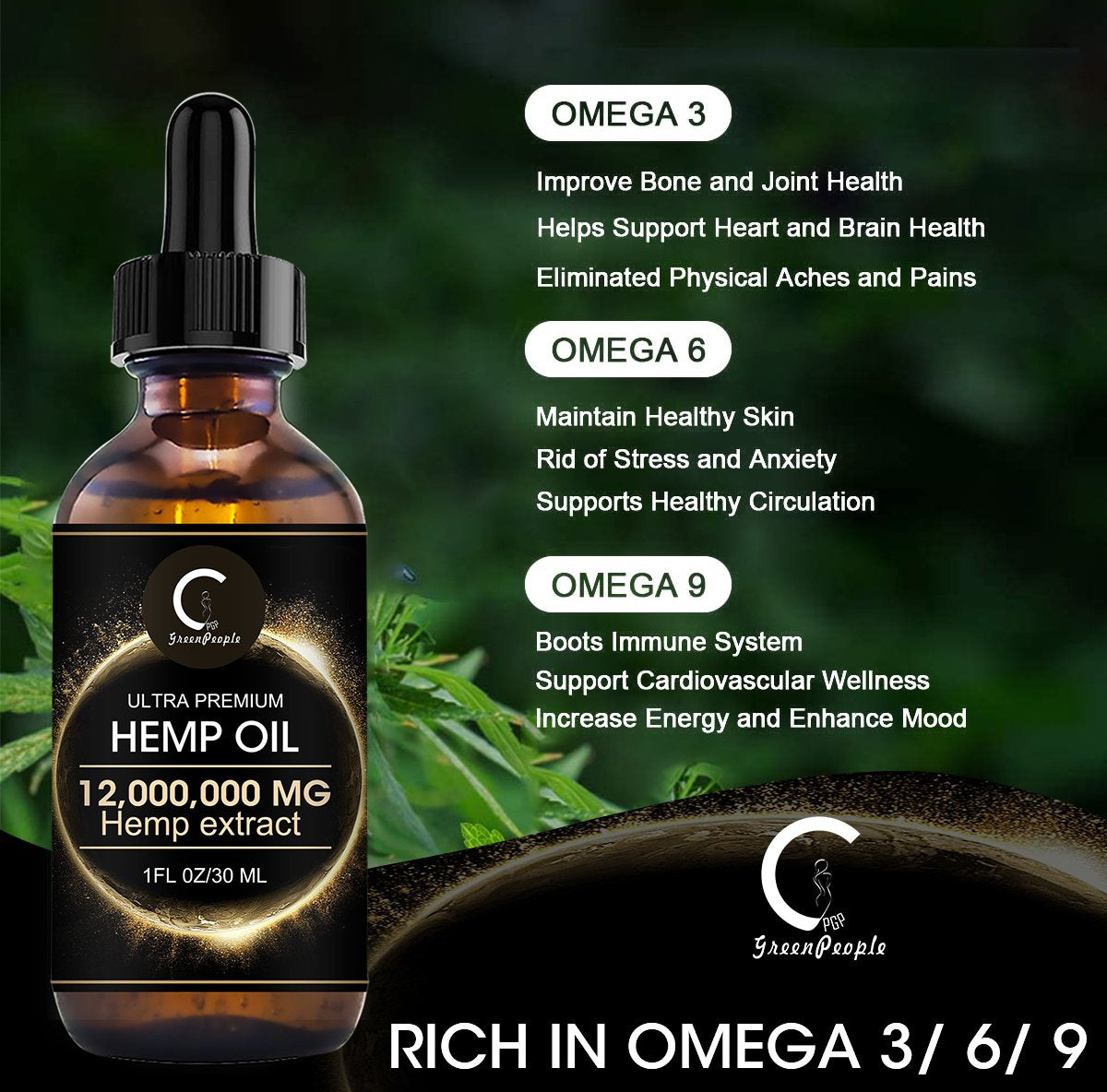 (2Pack) GPGP GreenPeople Natural Hemp Oil Extract 12,000,000MG, Immune System Support, Focus Calm, Stress, Mood, Pure Extract, Rich in Omega 3&6&9 Fatty Acids, 2 fl.oz.