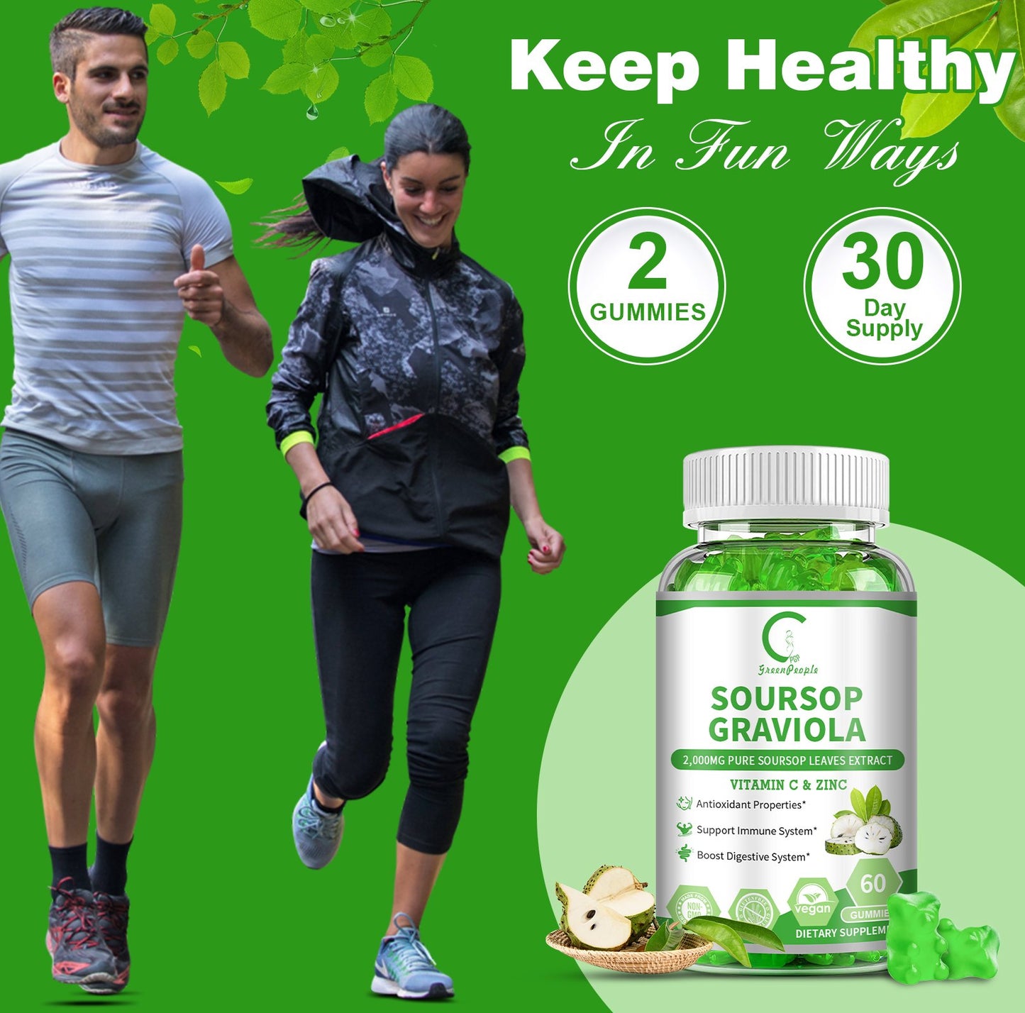 Soursop Graviola Gummies, Soursop Leaves Extract for Energy Boost, Digestive & Immune Support, Antioxidant Properties, Pure Soursop Fruit Gummies, Vegan, Non-GMO, 60 Counts