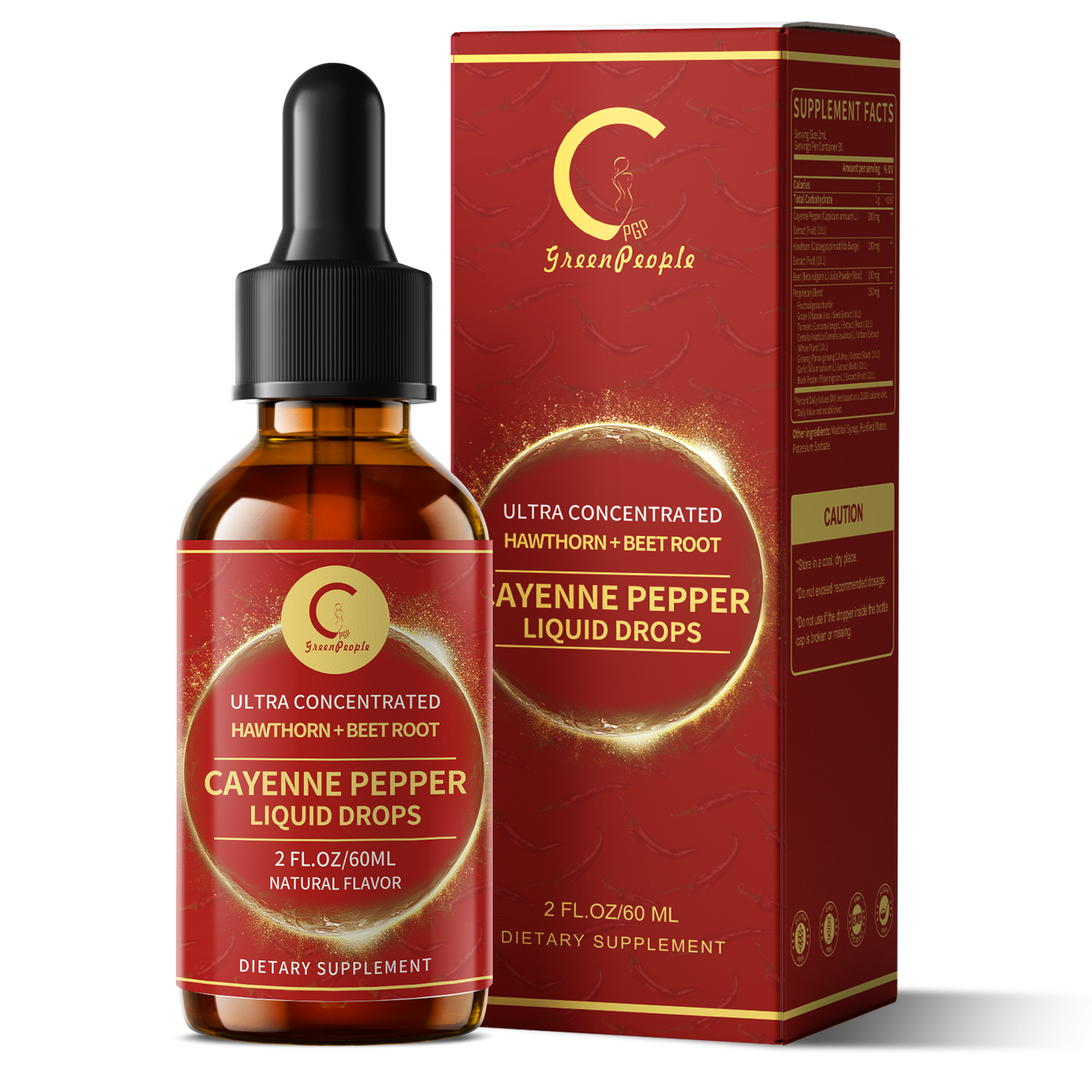 Cayenne Pepper Liquid Drops Supplement, w/Hawthorn Berry, Turmeric,Ginseng,Support Cardiovascular Health &Natural Detox,2FL oz - GPGP GREENPEOPLE