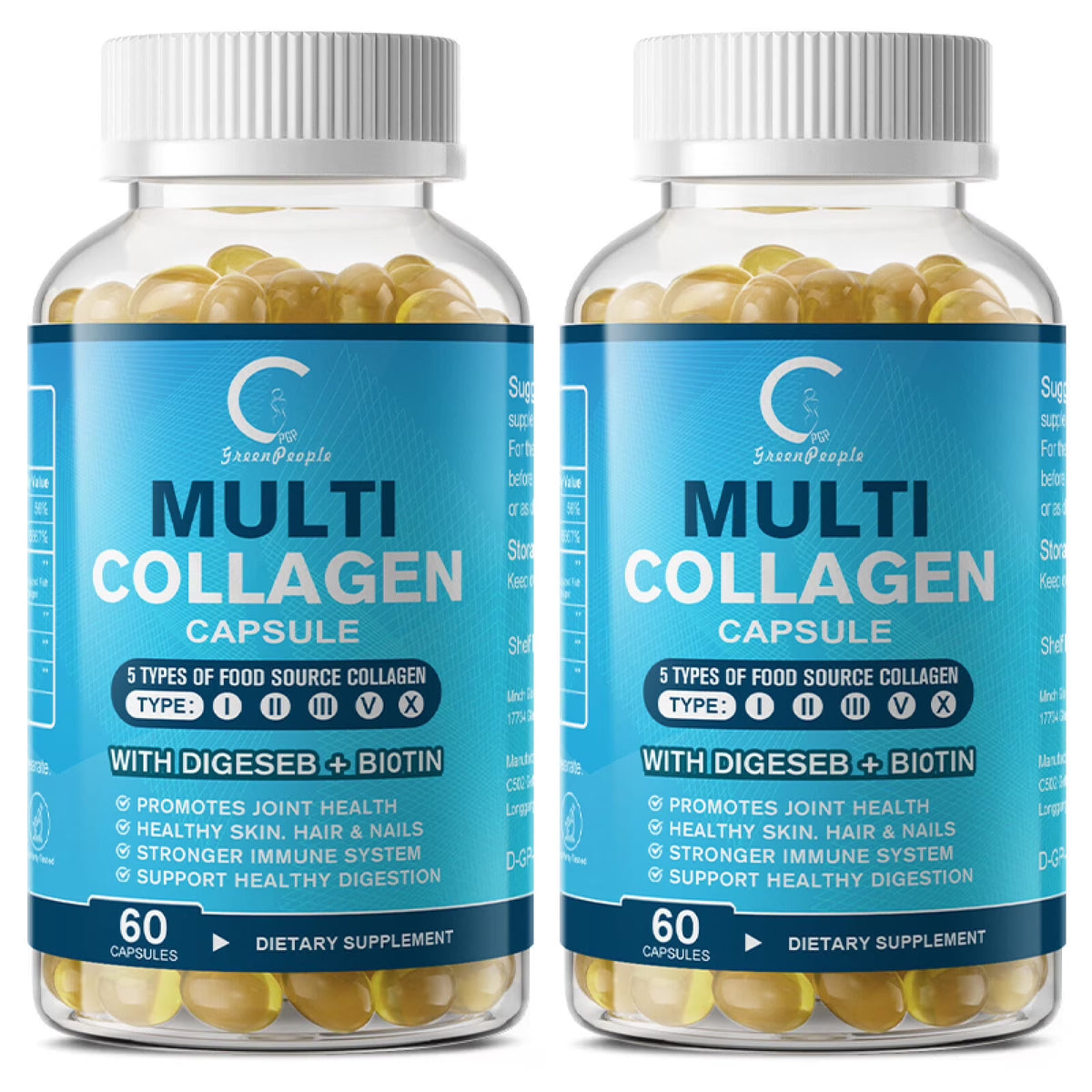 (2 PACK) Multi Collagen Capsules with Biotin & Vitamin C - 5 Types (I, II, III, V, X) - 120 Capsules - GPGP GREENPEOPLE