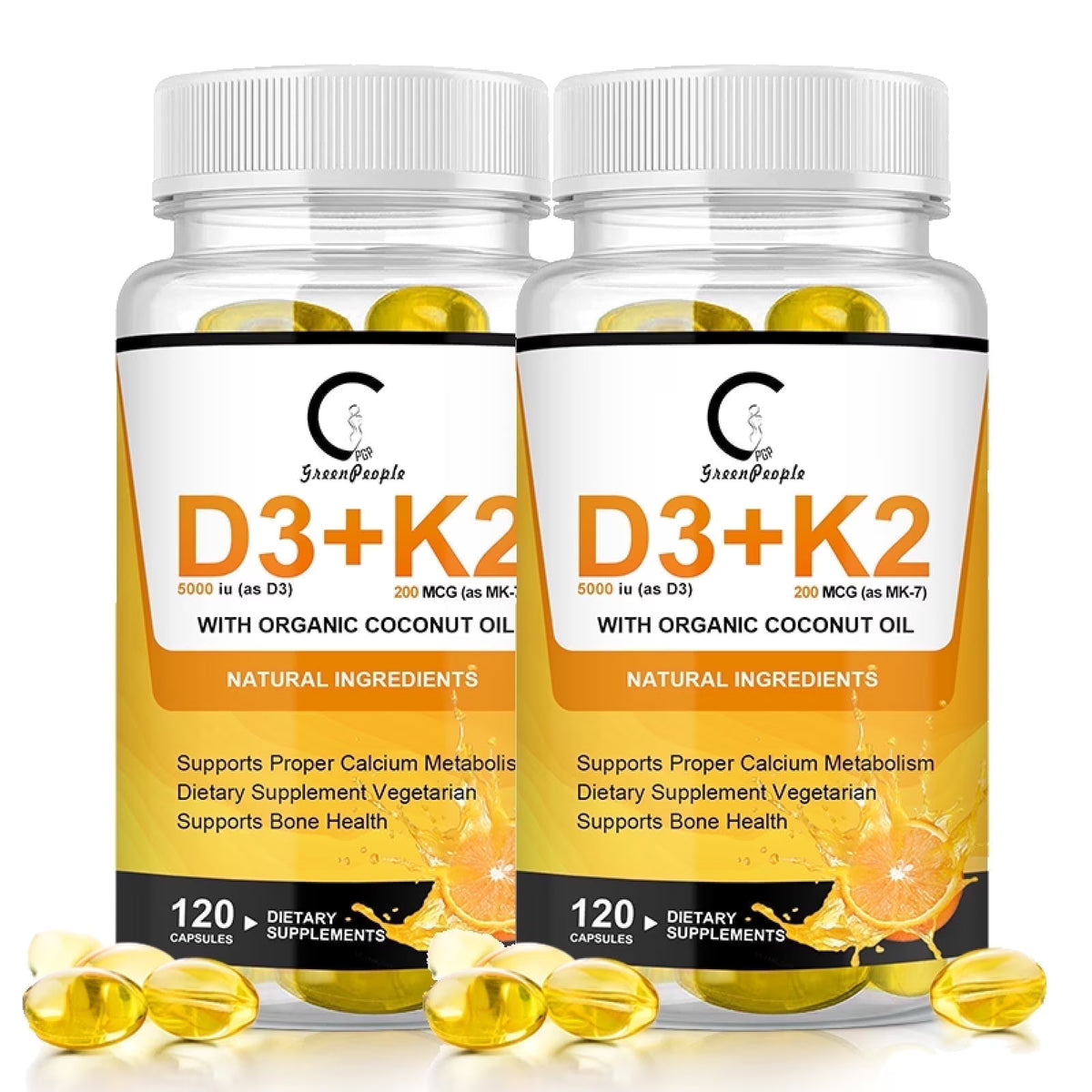(2 PACK) Vitamin D3+K2 Capsules, Vitamin D3 5000 IU and Vitamin K MK7 200mcg | 240 Capsules - GPGP GREENPEOPLE