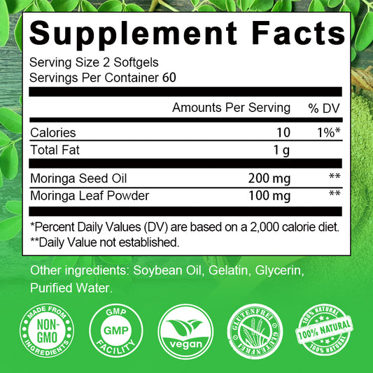 Moringa Capsules 1000MG | Boosts Energy Metabolism & Heart Support | 120 Capsules