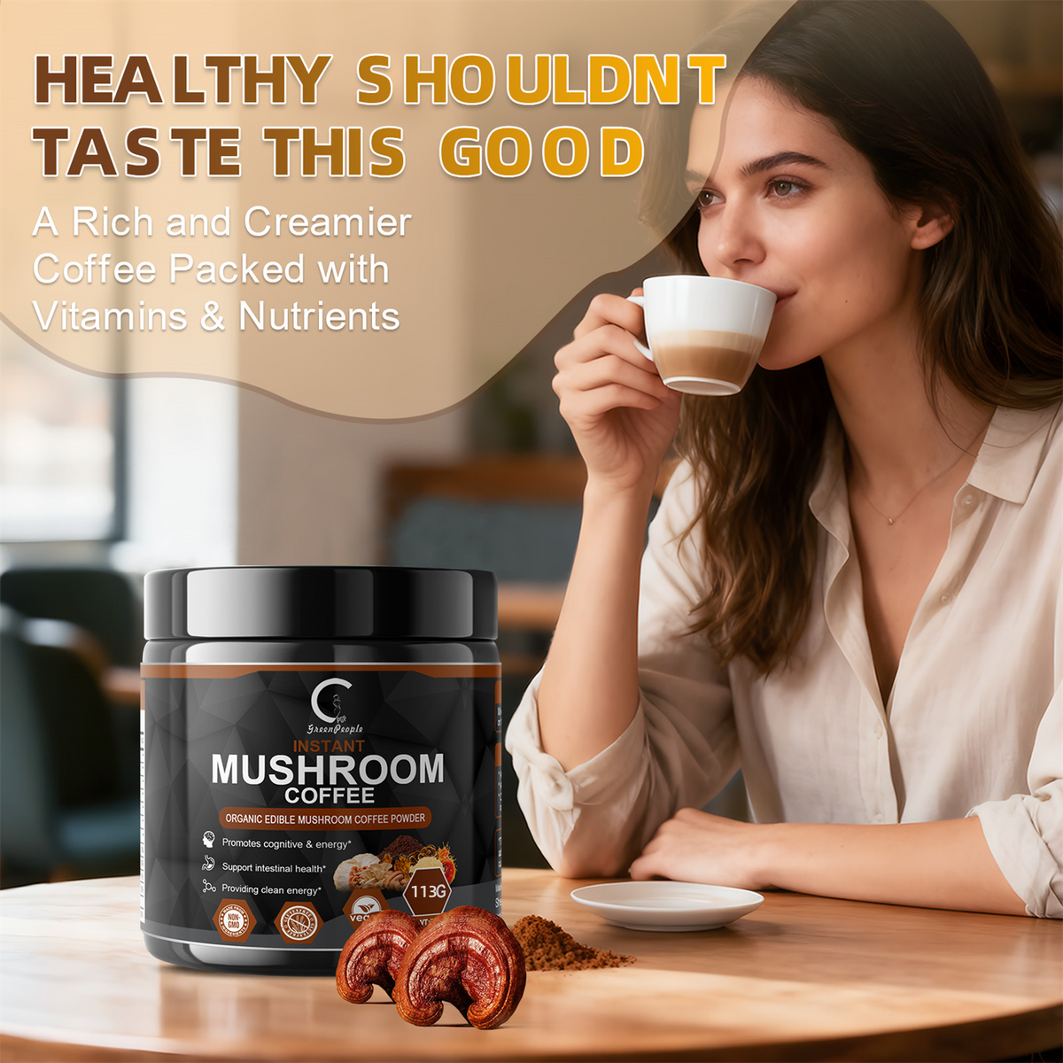 Mushroom Coffee Instant Powder with Adaptogen Blend (Lion's Mane, Reishi, Chaga, Cordyceps), Low Caffeine Coffee Alternative for Focus, Energy & Immune Support - 3.98oz - GPGP GREENPEOPLE