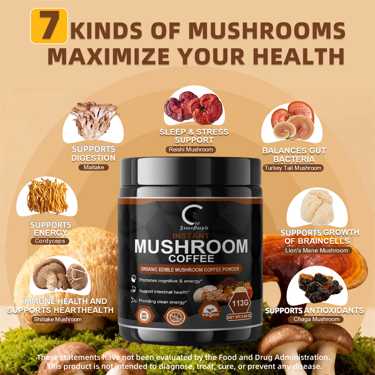 Mushroom Coffee Instant Powder with Adaptogen Blend (Lion's Mane, Reishi, Chaga, Cordyceps), Low Caffeine Coffee Alternative for Focus, Energy & Immune Support - 3.98oz - GPGP GREENPEOPLE