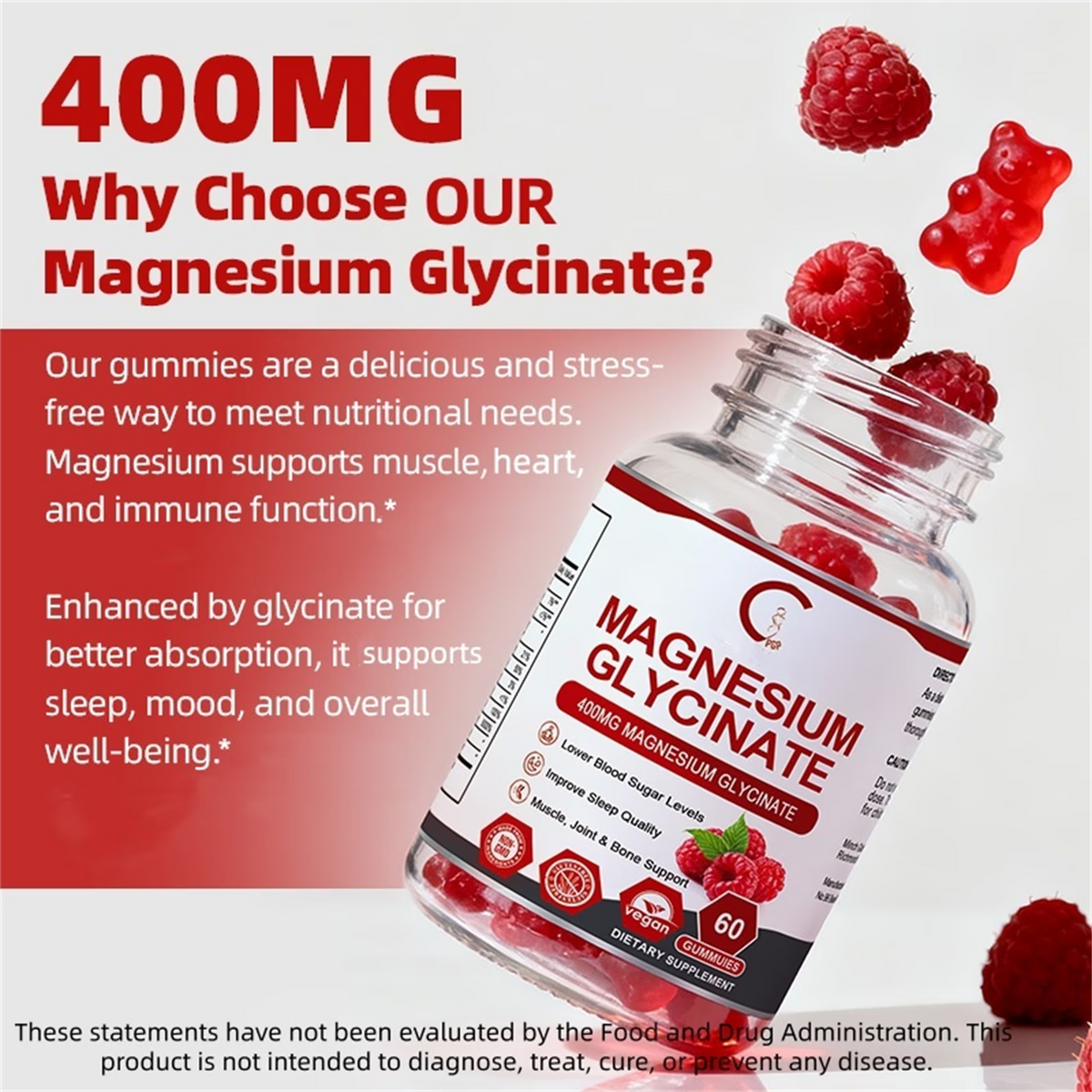 (2 Pack) GPGP Magnesium Glycinate Gummies 400mg Complex - Magnesium Supplement with Potassium, Vitamin D3, B6 - Supports Relaxation, Sleep & Bone Health - 120 Raspberry Gummies - GPGP GREENPEOPLE