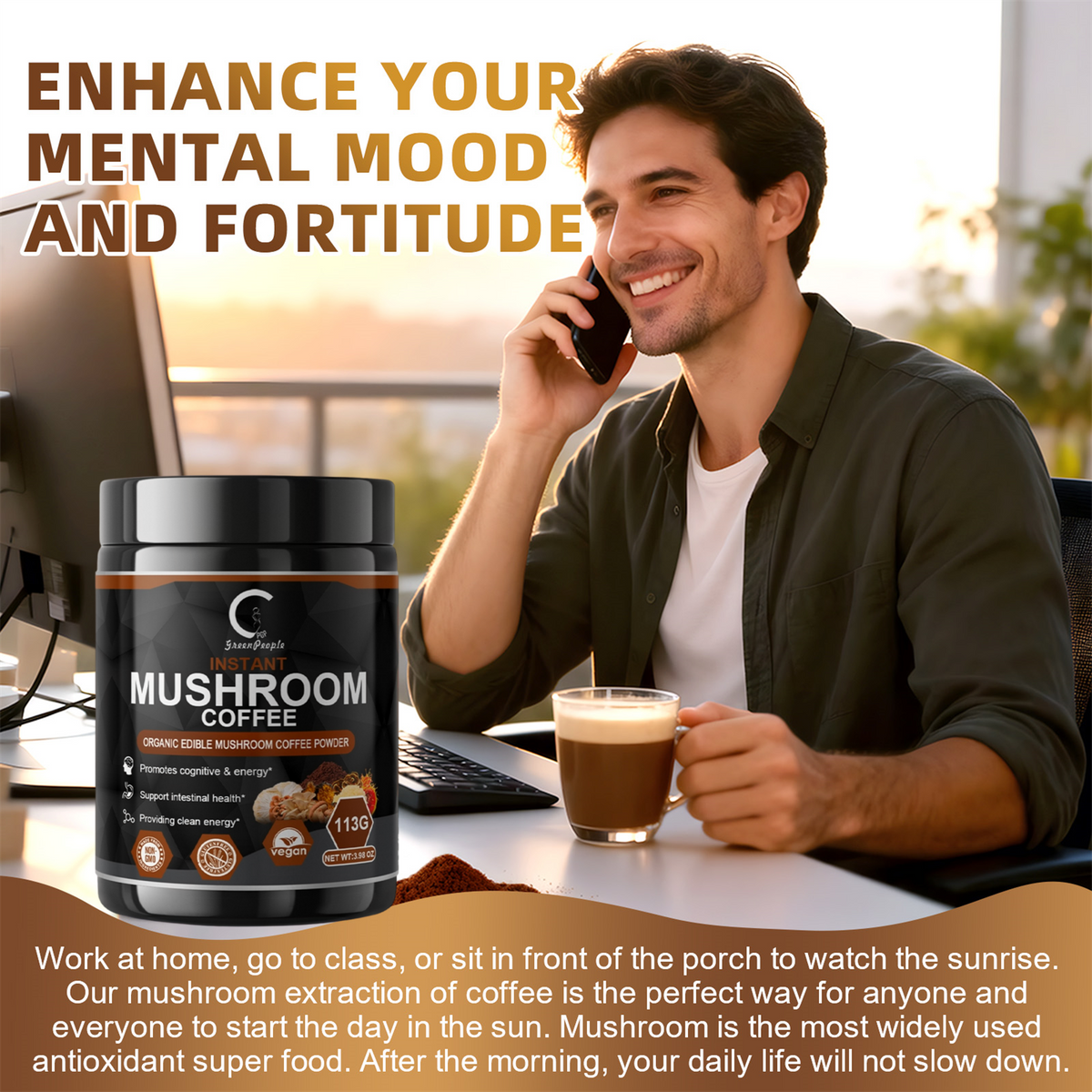 Mushroom Coffee Instant Powder with Adaptogen Blend (Lion's Mane, Reishi, Chaga, Cordyceps), Low Caffeine Coffee Alternative for Focus, Energy & Immune Support - 3.98oz - GPGP GREENPEOPLE