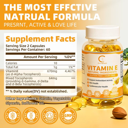 （2 Pack)Vitamin E Capsules,1000 IU Mixed Tocopherols, Antioxidant Protection & Immunity Boost Supplement, 120 Softgels
