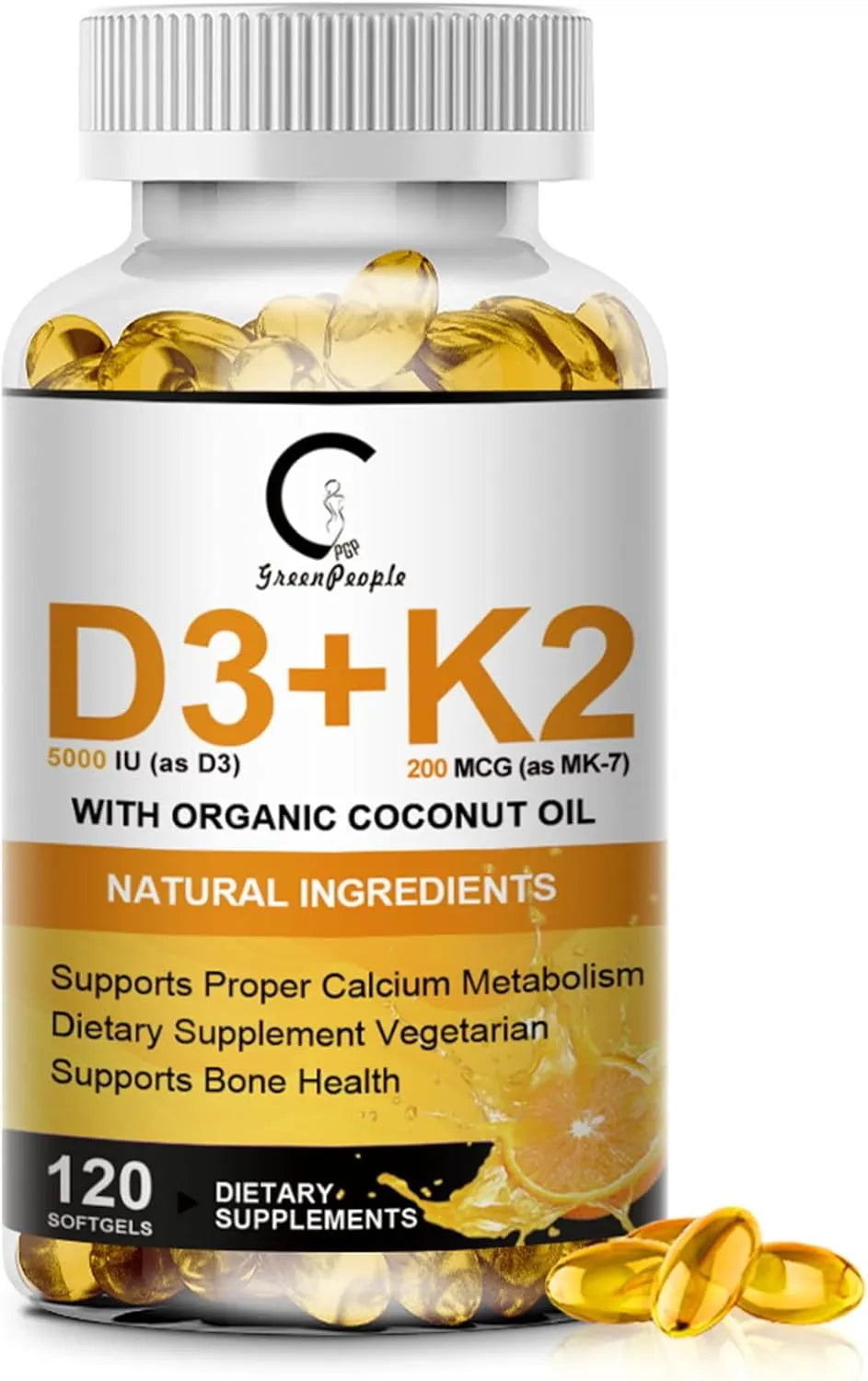 2 Packs Vitamin D3 K2 Supplement with Vitamin D3 5000 IU, 200 mcg Vitamin K2 MK-7 & Natural Coconut Oil, Plant Based 2-1 Formula for Bone, Teeth, Muscle -120 Ct