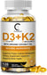 2 Packs Vitamin D3 K2 Supplement with Vitamin D3 5000 IU, 200 mcg Vitamin K2 MK-7 & Natural Coconut Oil, Plant Based 2-1 Formula for Bone, Teeth, Muscle -120 Ct