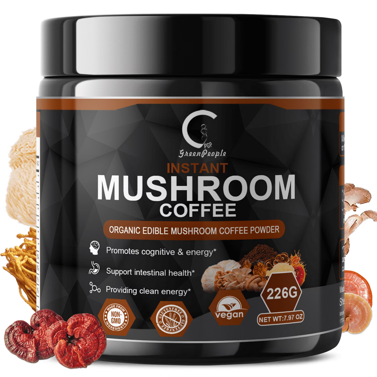Instant Mushroom Coffee, GreenPeople Organic Mushroom Coffee Powder Supplements with Lion's Mane, Reishi, Chaga, Cordyceps, for Better Focus and Immune Support, 7.97oz - GPGP GREENPEOPLE
