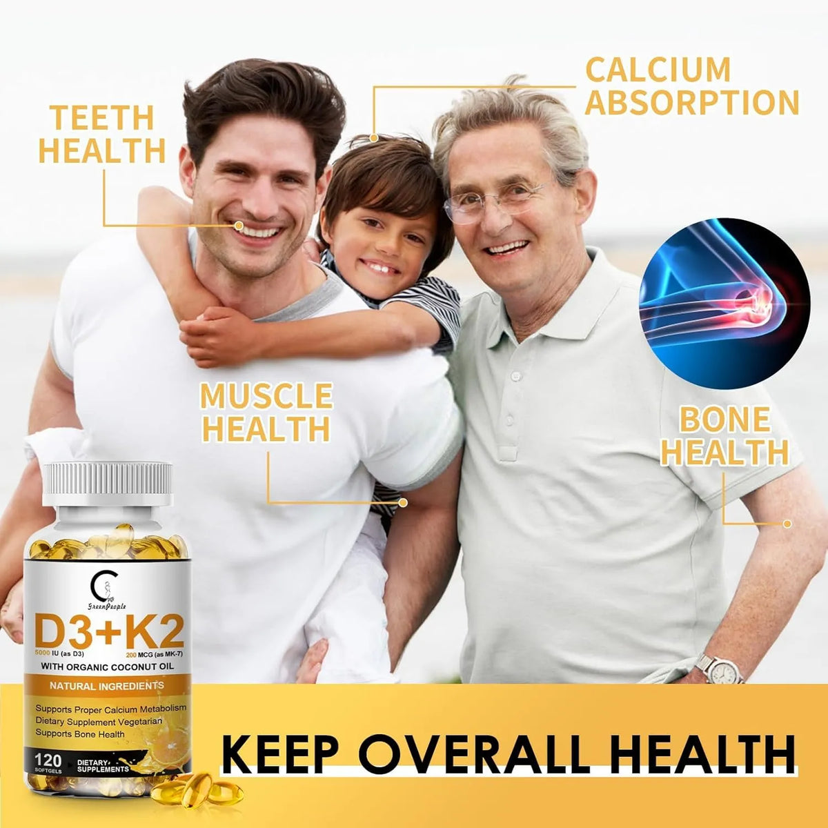 2 Packs Vitamin D3 K2 Supplement with Vitamin D3 5000 IU, 200 mcg Vitamin K2 MK-7 & Natural Coconut Oil, Plant Based 2-1 Formula for Bone, Teeth, Muscle -120 Ct - GPGP GREENPEOPLE