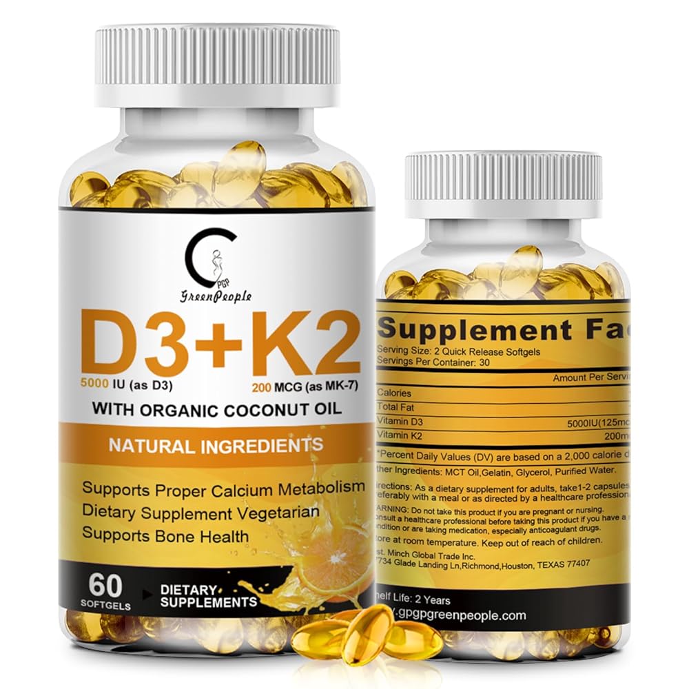 2 Packs Vitamin D3 K2 Supplement with Vitamin D3 5000 IU, 200 mcg Vitamin K2 MK-7 & Natural Coconut Oil, Plant Based 2-1 Formula for Bone, Teeth, Muscle -120 Ct - GPGP GREENPEOPLE