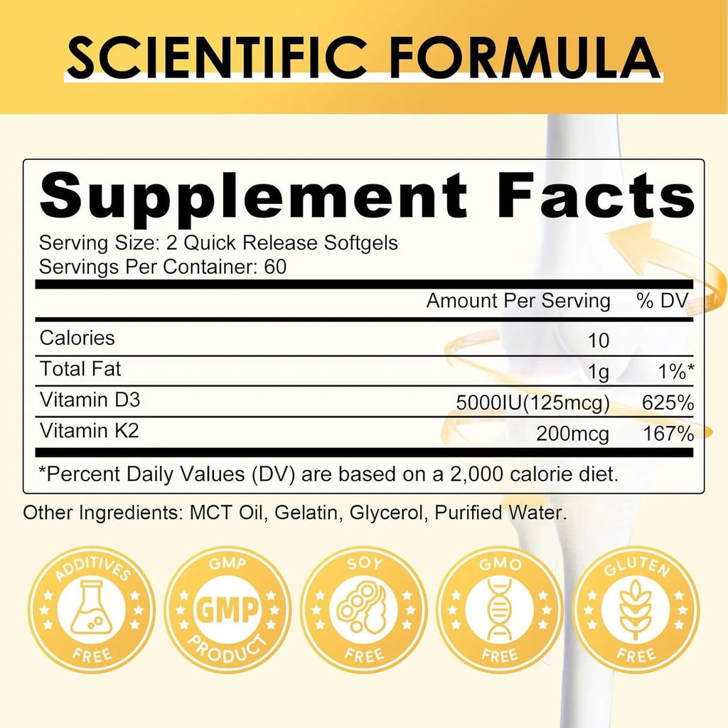 2 Packs Vitamin D3 K2 Supplement with Vitamin D3 5000 IU, 200 mcg Vitamin K2 MK-7 & Natural Coconut Oil, Plant Based 2-1 Formula for Bone, Teeth, Muscle -120 Ct - GPGP GREENPEOPLE