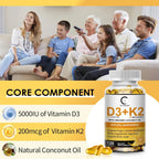 2 Packs Vitamin D3 K2 Supplement with Vitamin D3 5000 IU, 200 mcg Vitamin K2 MK-7 & Natural Coconut Oil, Plant Based 2-1 Formula for Bone, Teeth, Muscle -120 Ct - GPGP GREENPEOPLE
