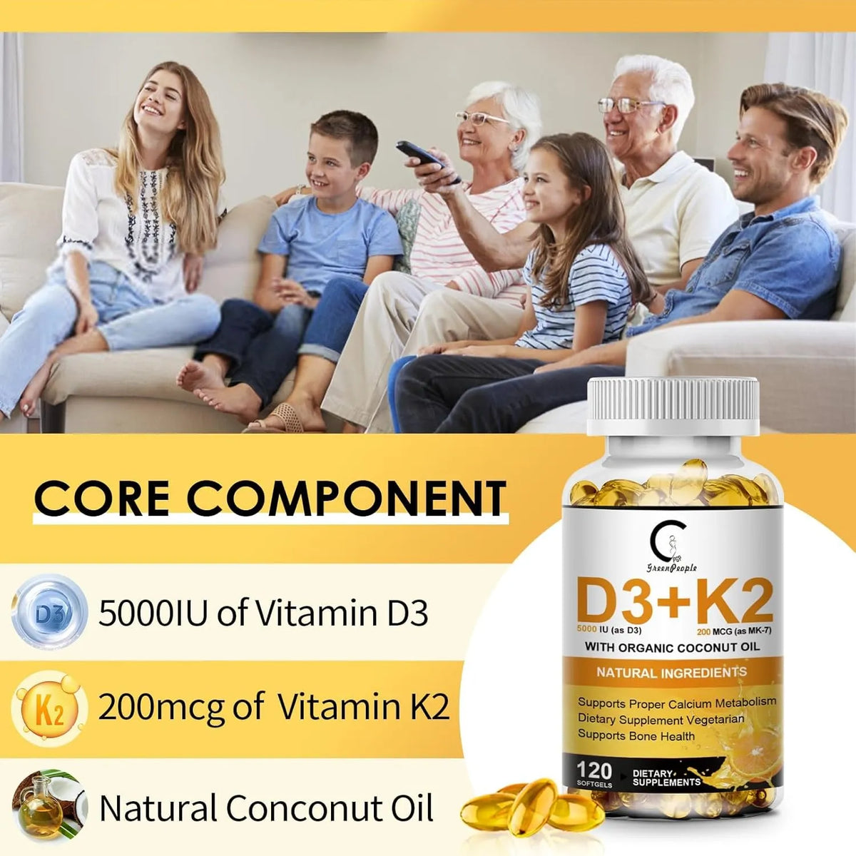 2 Packs Vitamin D3 K2 Supplement with Vitamin D3 5000 IU, 200 mcg Vitamin K2 MK-7 & Natural Coconut Oil, Plant Based 2-1 Formula for Bone, Teeth, Muscle -120 Ct - GPGP GREENPEOPLE