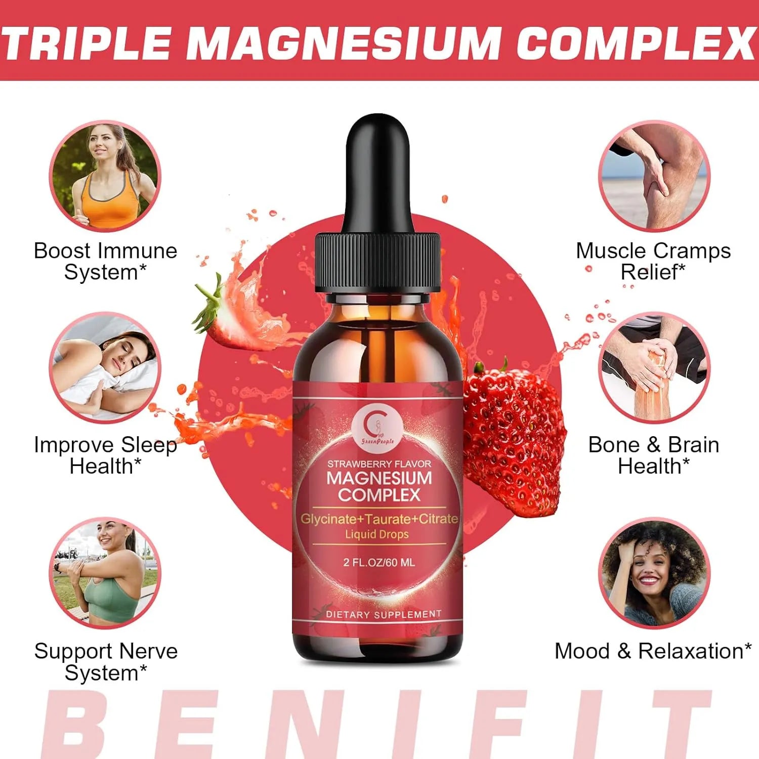 Triple Magnesium Complex Liquid Drops - Magnesium Glycinate Liquid Drops, Taurate & Citrate with L-theanine, Vitamin B6 for Sleep, Muscle, Immune Health, Vegan, Non-GMO, Strawberry Flavor, 2 Fl OZ - GPGP GREENPEOPLE