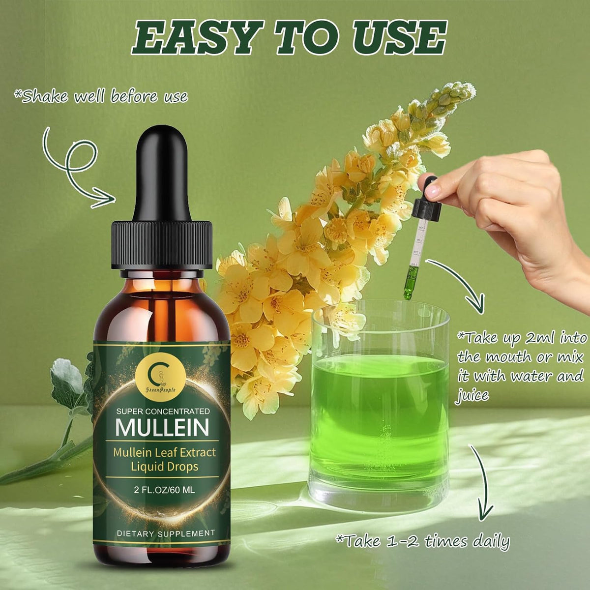 (2 Pack) Mullein Drops for Lungs - 14000mg Mullein Leaf Extract for Lung Detox & Cleanse, Support for Respiratory, Immune, Digestive System, Natural Mullein Liquid Tincture, Non-GMO, 4 FL OZ - GPGP GREENPEOPLE