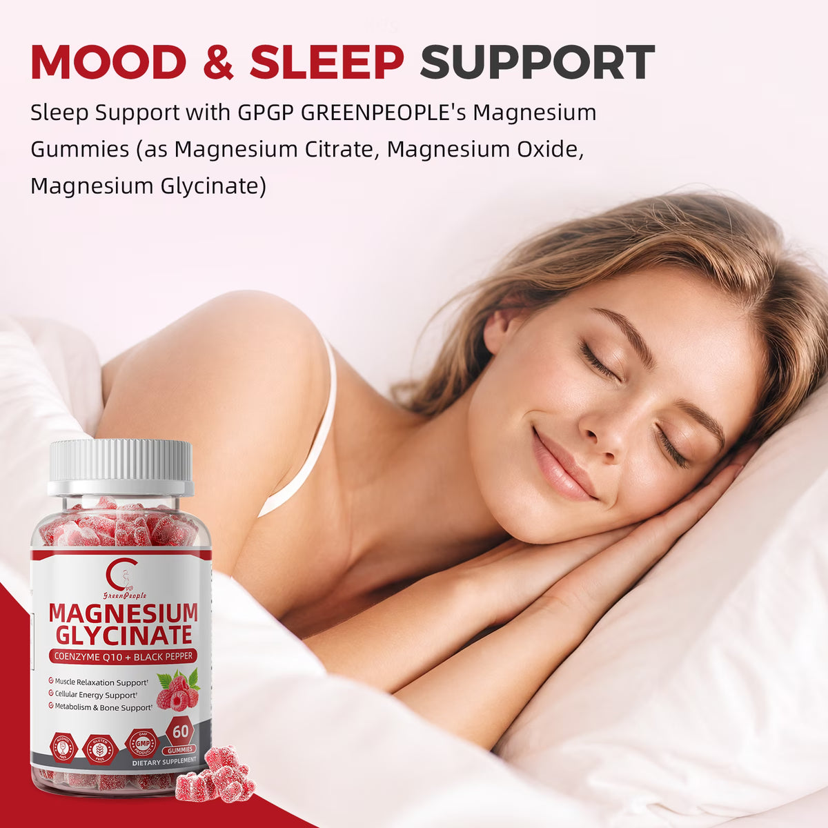 GPGP Magnesium Glycinate Gummies 400mg - Magnesium Potassium Supplement with Vitamin D, B6, CoQ10 for Relax, Sleep & Heart Health - 60 Raspberry Gummies