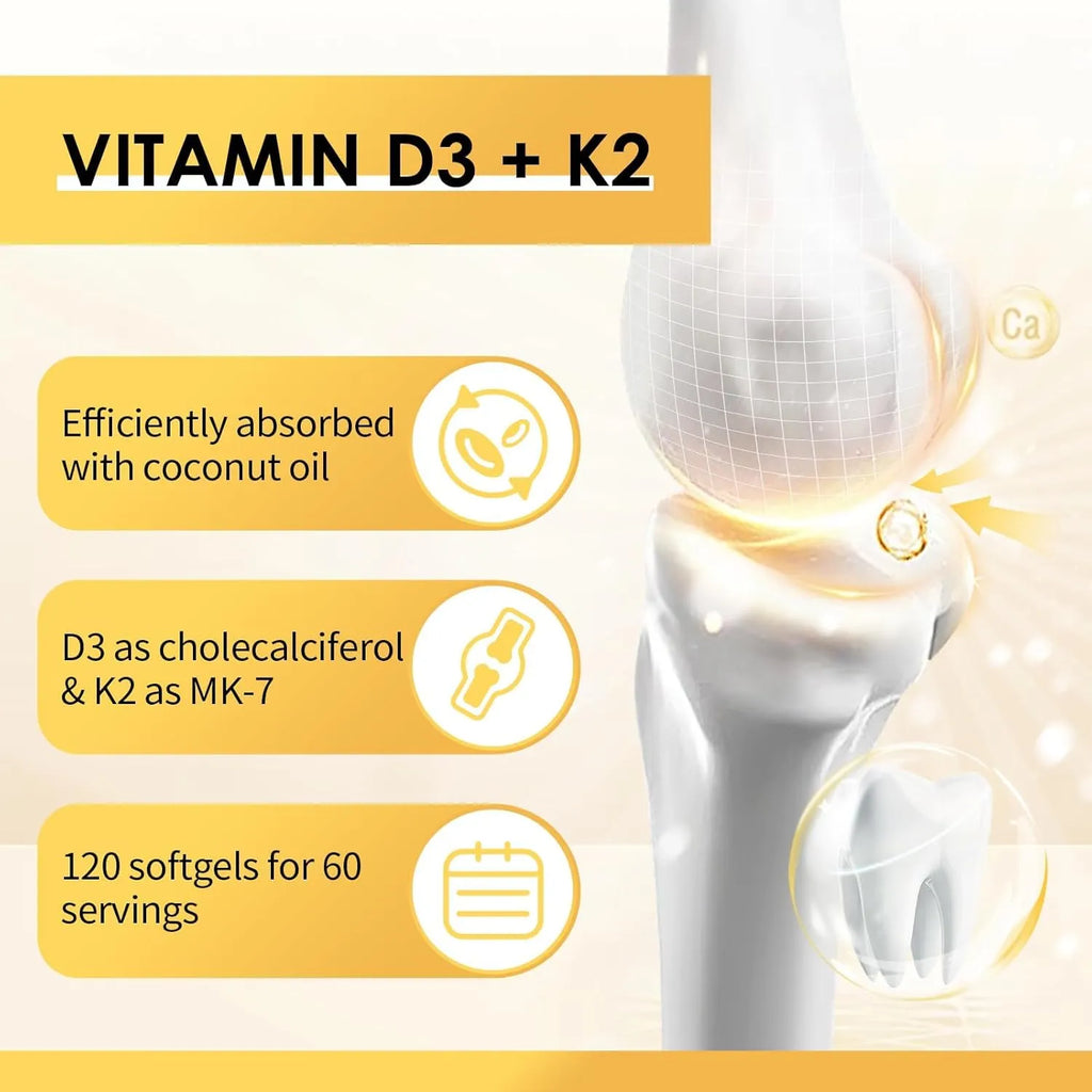 2 Packs Vitamin D3 K2 Supplement with Vitamin D3 5000 IU, 200 mcg Vitamin K2 MK-7 & Natural Coconut Oil, Plant Based 2-1 Formula for Bone, Teeth, Muscle -120 Ct - GPGP GREENPEOPLE