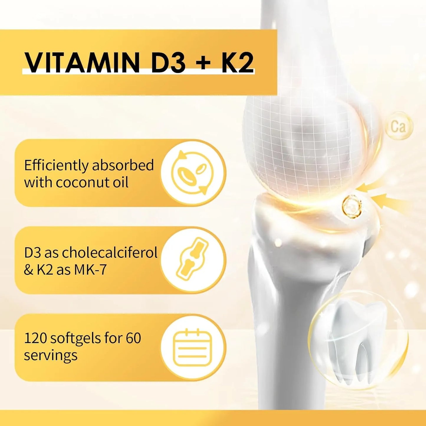 2 Packs Vitamin D3 K2 Supplement with Vitamin D3 5000 IU, 200 mcg Vitamin K2 MK-7 & Natural Coconut Oil, Plant Based 2-1 Formula for Bone, Teeth, Muscle -120 Ct