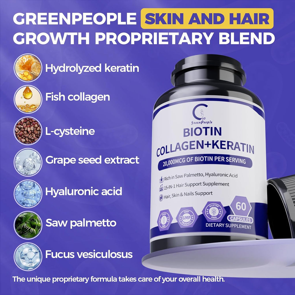 GPGP GreenPeople Hair Growth biotin 20000MCG | Collagen | Keratin for Hair, Skin & Nails with Multivitamins & Minerals for Men & Women - 60 Capsules - GPGP GREENPEOPLE