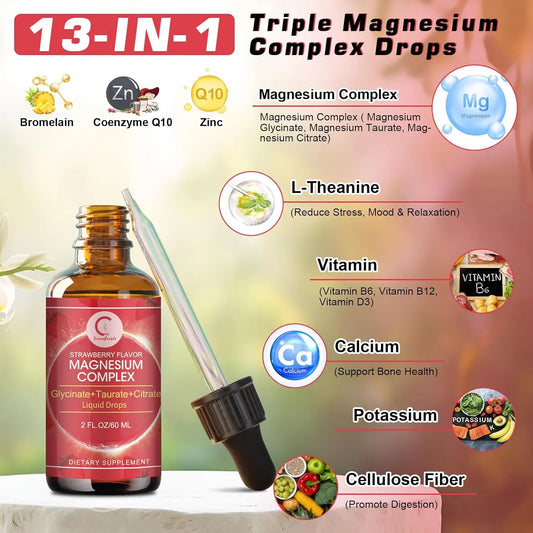 Triple Magnesium Complex Liquid Drops - Magnesium Glycinate Liquid Drops, Taurate & Citrate with L-theanine, Vitamin B6 for Sleep, Muscle, Immune Health, Vegan, Non-GMO, Strawberry Flavor, 2 Fl OZ