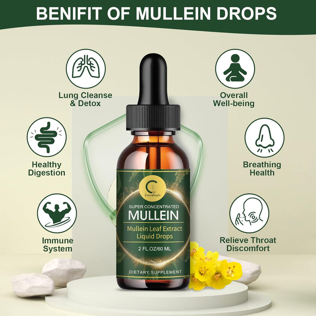 (2 Pack) Mullein Drops for Lungs - 14000mg Mullein Leaf Extract for Lung Detox & Cleanse, Support for Respiratory, Immune, Digestive System, Natural Mullein Liquid Tincture, Non-GMO, 4 FL OZ - GPGP GREENPEOPLE