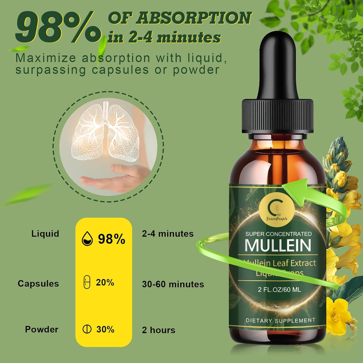 (2 Pack) Mullein Drops for Lungs - 14000mg Mullein Leaf Extract for Lung Detox & Cleanse, Support for Respiratory, Immune, Digestive System, Natural Mullein Liquid Tincture, Non-GMO, 4 FL OZ - GPGP GREENPEOPLE