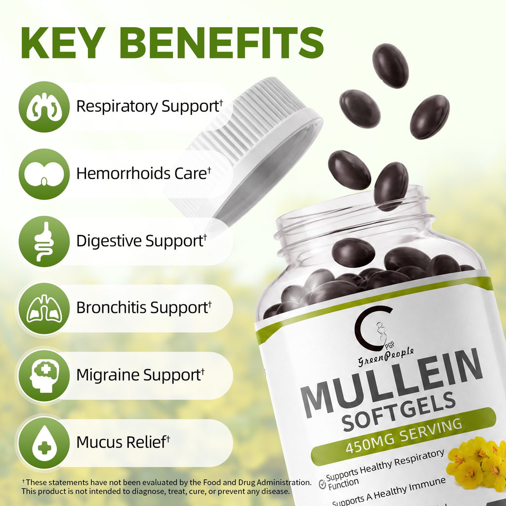 Mullein Leaf 450mg, Supports Respiratory & Bronchial Health, 120 Capsules - GPGP GREENPEOPLE