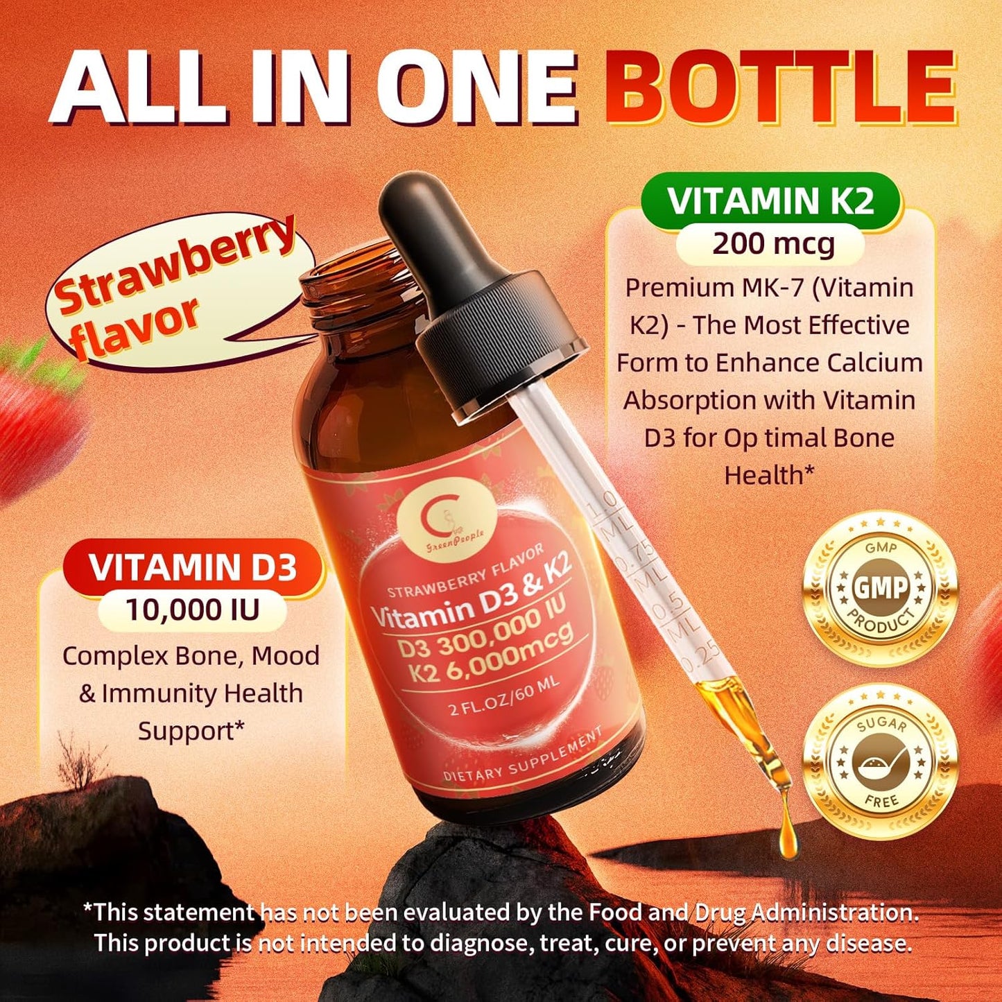 Vitamin D3 K2 Drops with MCT Oil 10000 IU - Maximum Strength Vitamin D Liquid for Faster Absorption and Immune Support (Strawberry)