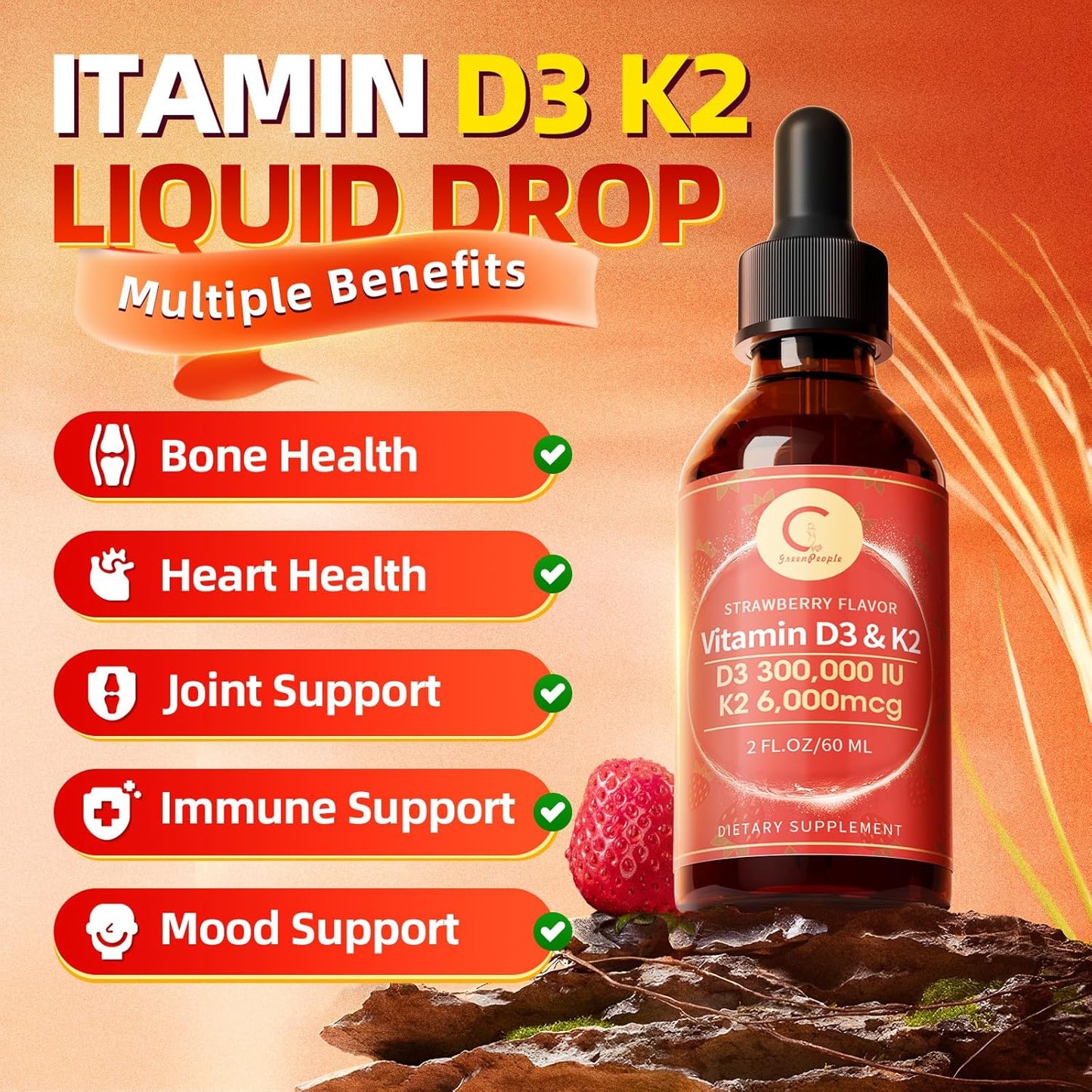 Vitamin D3 K2 Drops with MCT Oil 10000 IU - Maximum Strength Vitamin D Liquid for Faster Absorption and Immune Support (Strawberry)