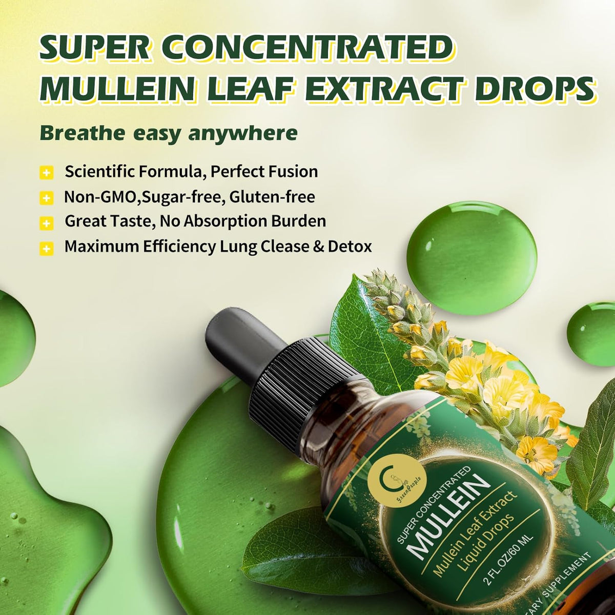(2 Pack) Mullein Drops for Lungs - 14000mg Mullein Leaf Extract for Lung Detox & Cleanse, Support for Respiratory, Immune, Digestive System, Natural Mullein Liquid Tincture, Non-GMO, 4 FL OZ - GPGP GREENPEOPLE