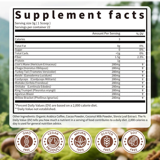 Mushroom Coffee Powder, Organic Instant Coffee, Mushroom Blend Complex Supplement for Focus & Memory,Brain, 2.5Oz(70g)