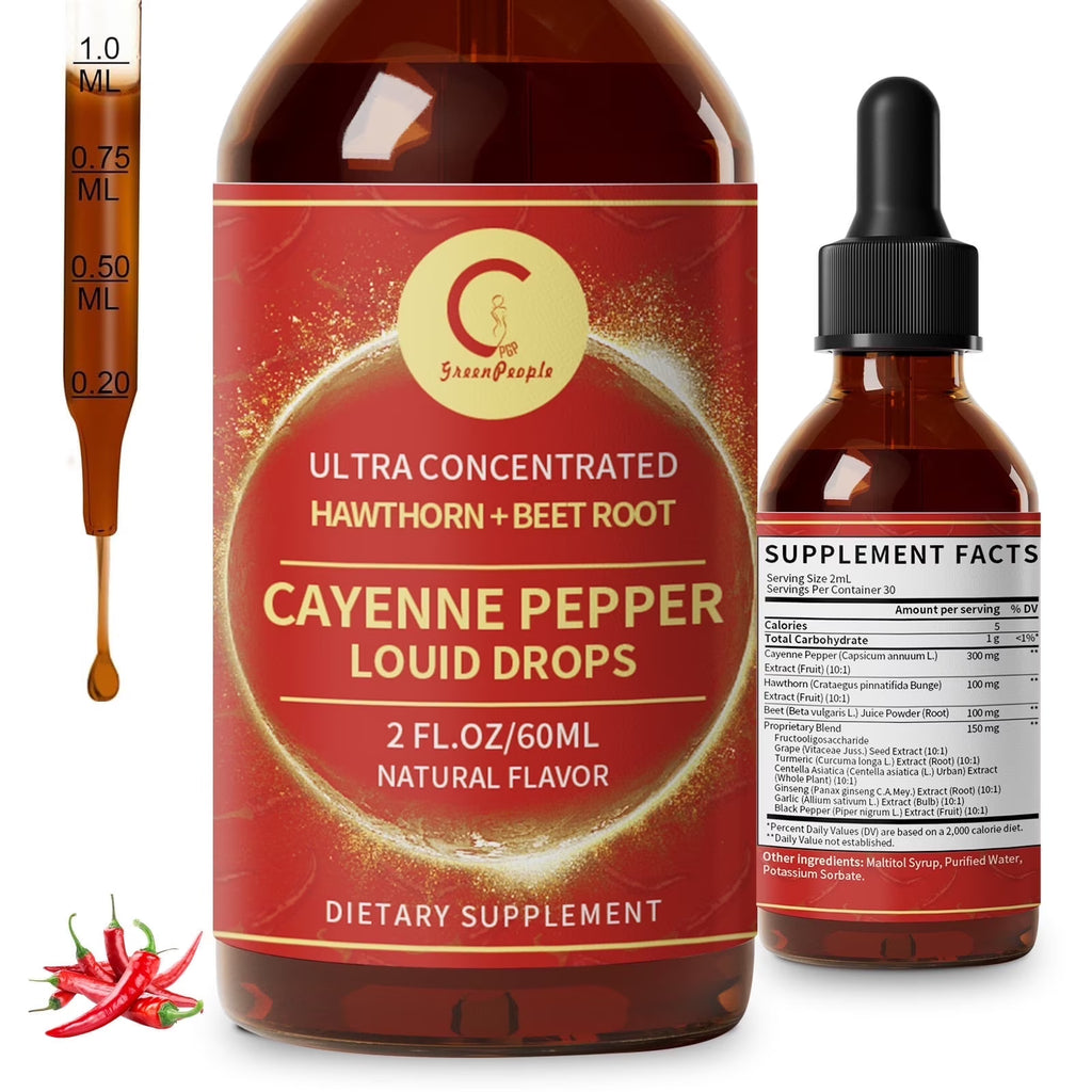 Cayenne Pepper Liquid Drops Supplement, w/Hawthorn Berry, Turmeric,Ginseng,Support Cardiovascular Health &Natural Detox,2FL oz - GPGP GREENPEOPLE