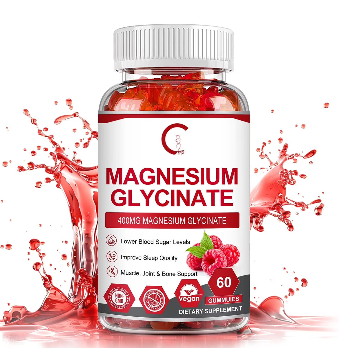 GPGP Magnesium Glycinate Gummies 400mg - Magnesium Potassium Supplement with Vitamin D, B6, CoQ10 for Relax, Sleep & Heart Health - 60 Raspberry Gummies - GPGP GREENPEOPLE