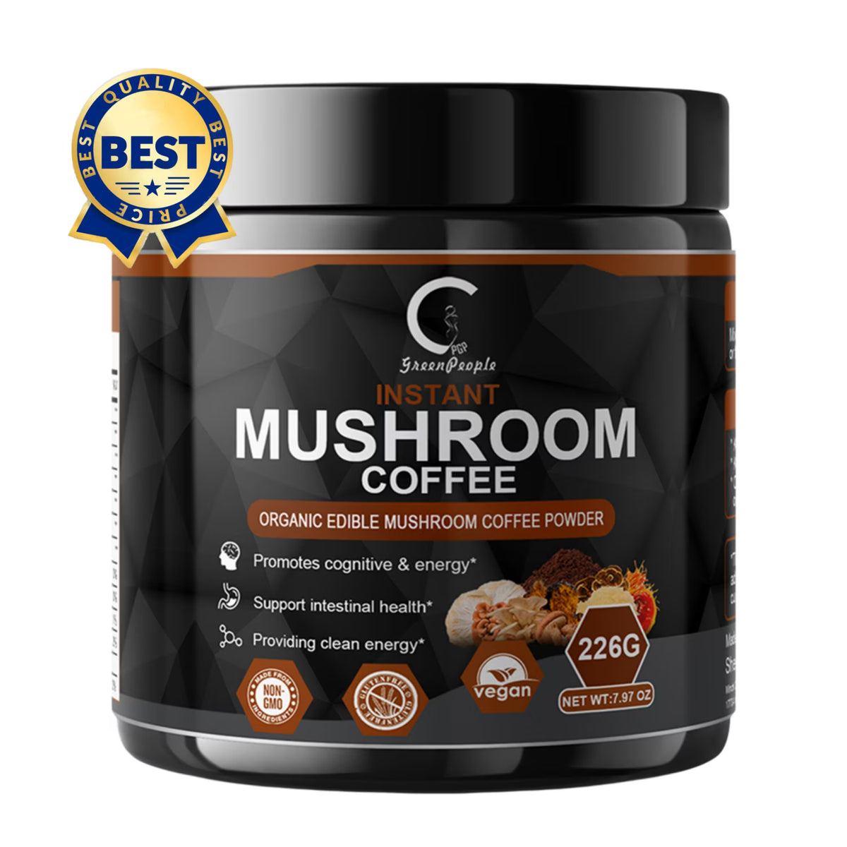Instant Mushroom Coffee, GreenPeople Organic Mushroom Coffee Powder Supplements with Lion's Mane, Reishi, Chaga, Cordyceps, for Better Focus and Immune Support, 7.97oz - GPGP GREENPEOPLE