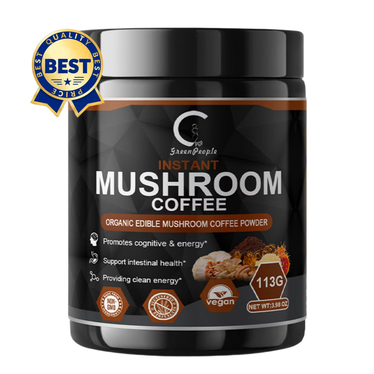 Mushroom Coffee Instant Powder with Adaptogen Blend (Lion's Mane, Reishi, Chaga, Cordyceps), Low Caffeine Coffee Alternative for Focus, Energy & Immune Support - 3.98oz - GPGP GREENPEOPLE