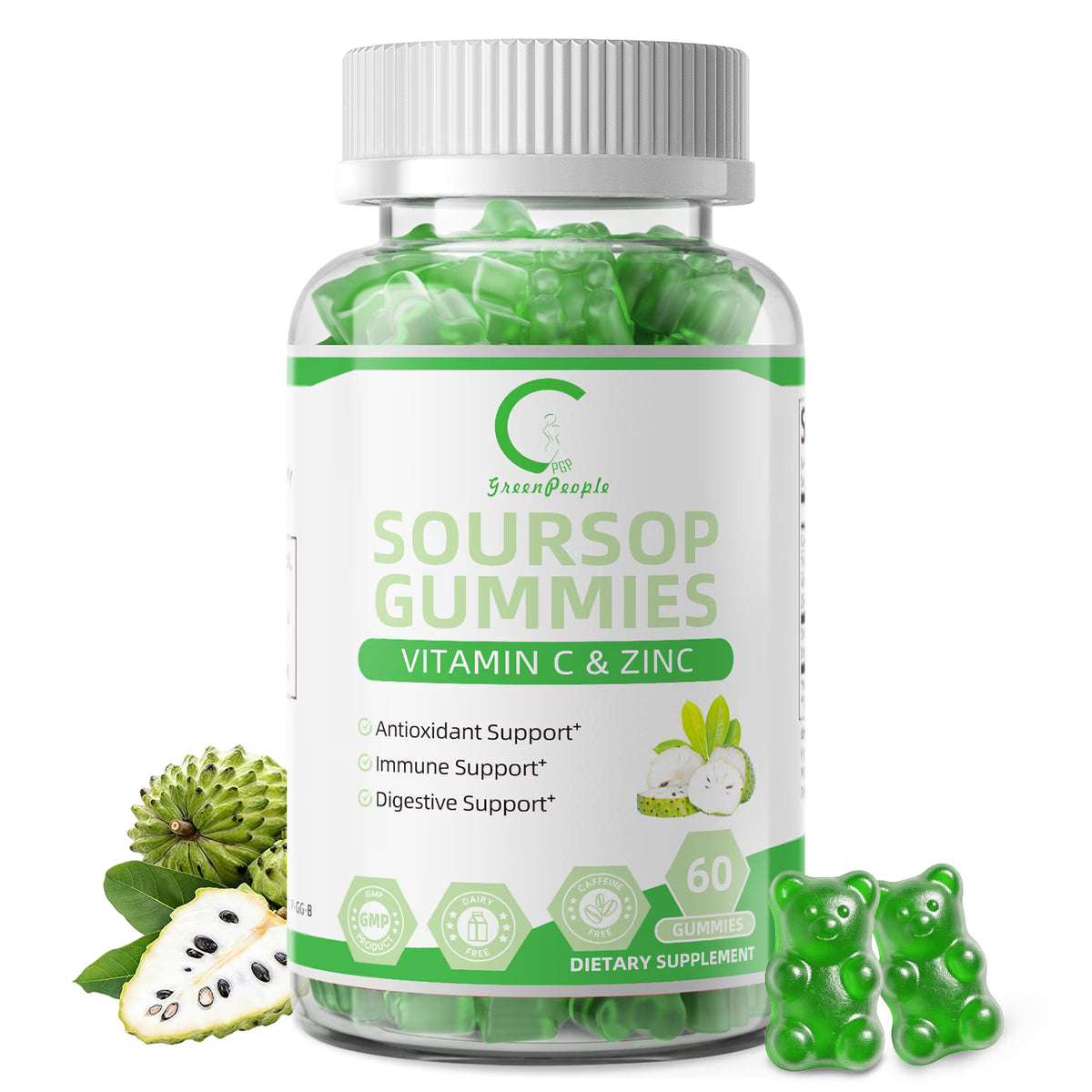 Soursop Graviola Gummies, Organic Soursop Leaves and Seeds Extract with Vitamin C, Zinc, Digestive, Immune Support and Antioxidant Properties, 60 Gummies - GPGP GREENPEOPLE