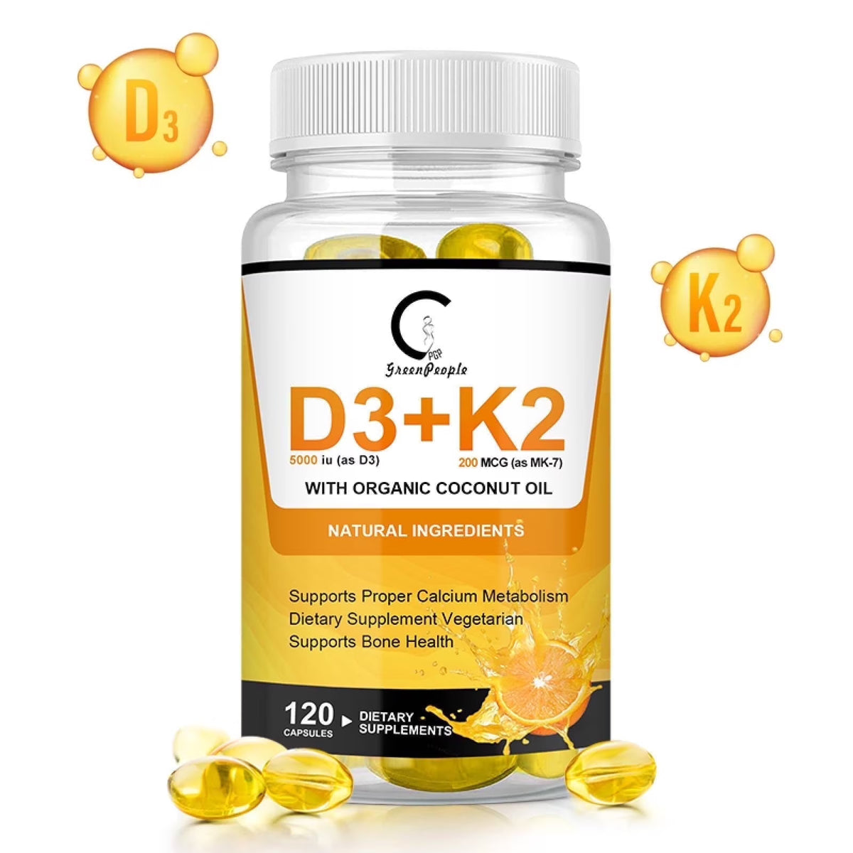 Vitamin D3+K2 Capsules, Vitamin D3 5000 IU and Vitamin K MK7 200mcg for Support Immune & Joint Health | 120 Capsules | by Greenpeople - GPGP GREENPEOPLE