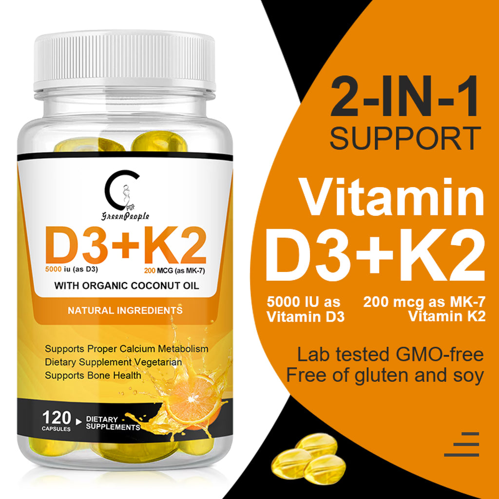 (2 PACK) Vitamin D3+K2 Capsules, Vitamin D3 5000 IU and Vitamin K MK7 200mcg | 240 Capsules - GPGP GREENPEOPLE