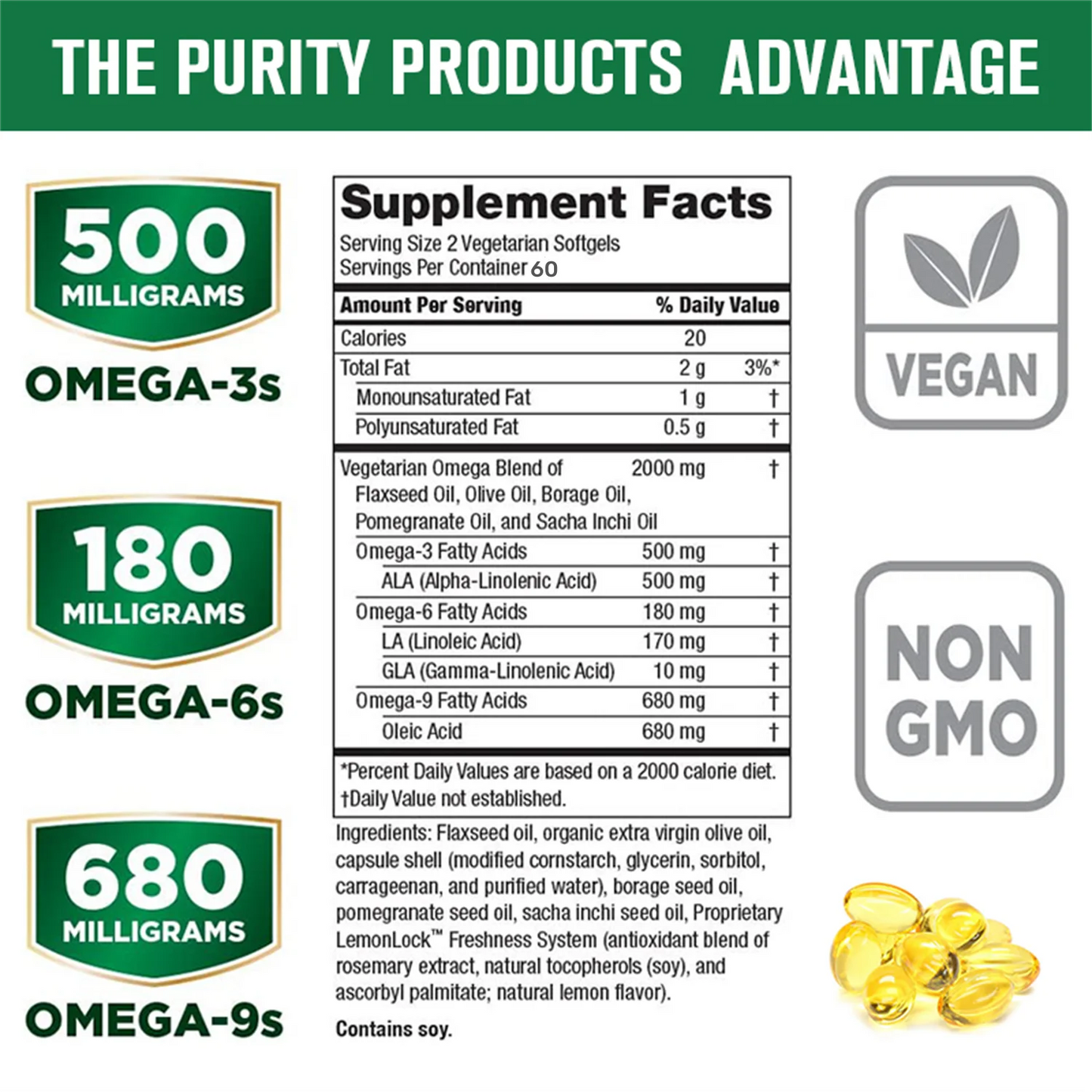 GPGP Greenpeople Omega 3-6-9 Vegan Formula - 5 in 1 Scientifically Formulated Plant-Based Omega 3 6 9 Essential Fatty Acids - 120 Softgels