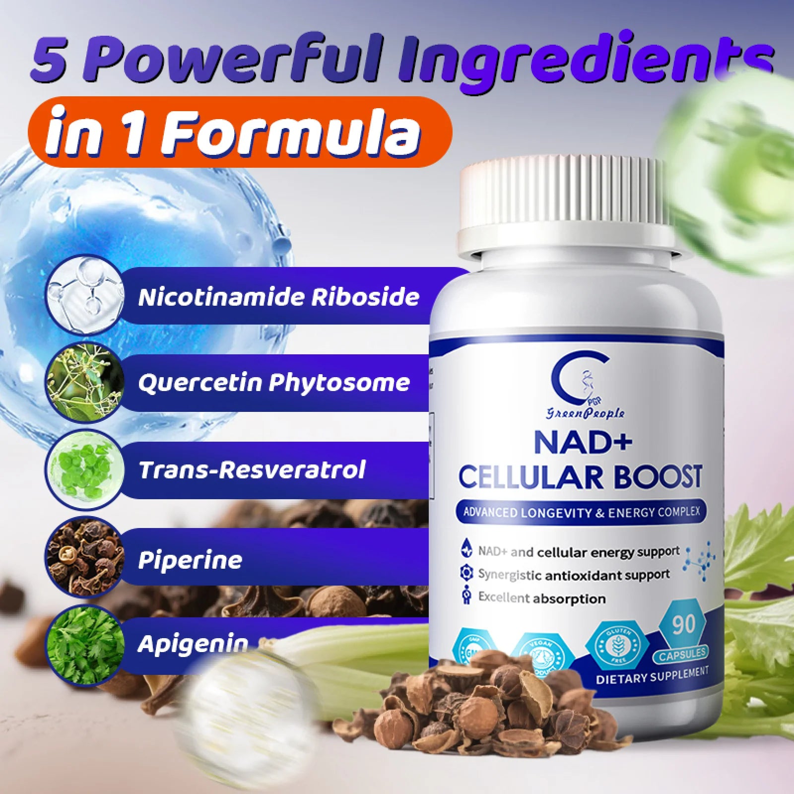 NAD+ Nicotinamide Riboside Supplement, Resveratrol Boosting Supplement,90 Capsule - GPGP GREENPEOPLE