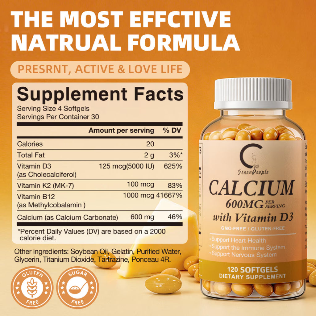 Calcium with Vitamin D3, 600mg Calcium Supplement 120Ct by GPGP - GPGP GREENPEOPLE