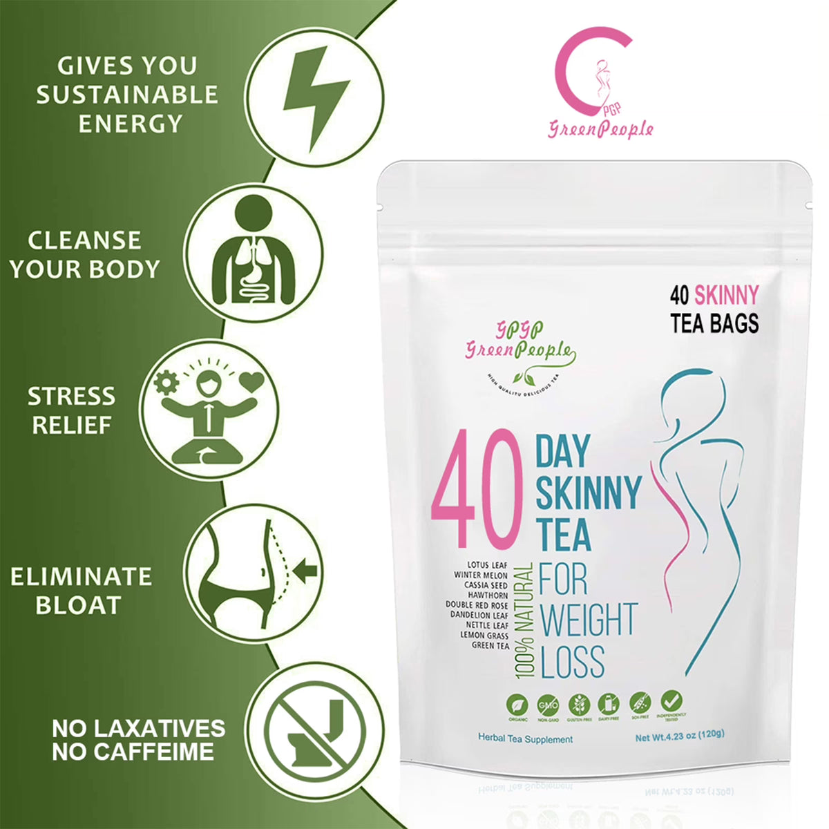 Skinny Boost 40 Day Detox Tea - Herbal Detox with Green Tea for Weight, Metabolism, Energy, Bloating - GPGP GREENPEOPLE