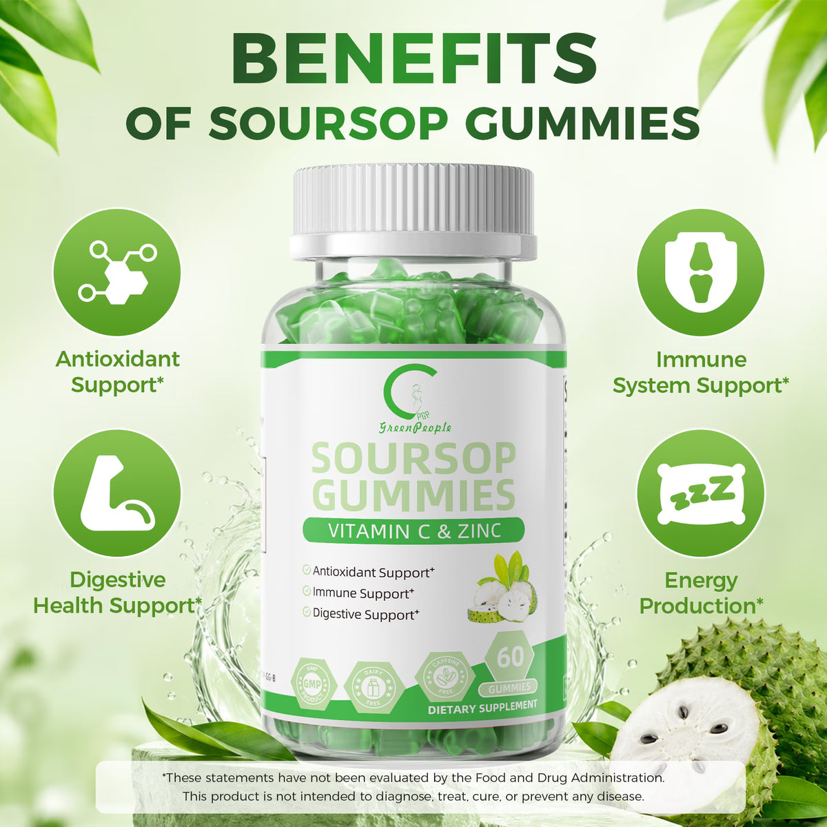 Soursop Graviola Gummies, Organic Soursop Leaves and Seeds Extract with Vitamin C, Zinc, Digestive, Immune Support and Antioxidant Properties, 60 Gummies - GPGP GREENPEOPLE
