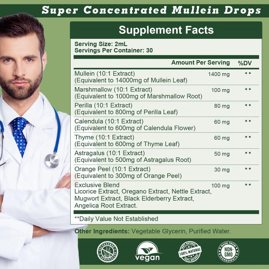 Mullein Drops for Lung Detox - Powerful Mullein Leaf Extract for Immune Support,Detox & Respiratory Support - Herbal Supplements - 60ml 2 Oz (2 Pack)