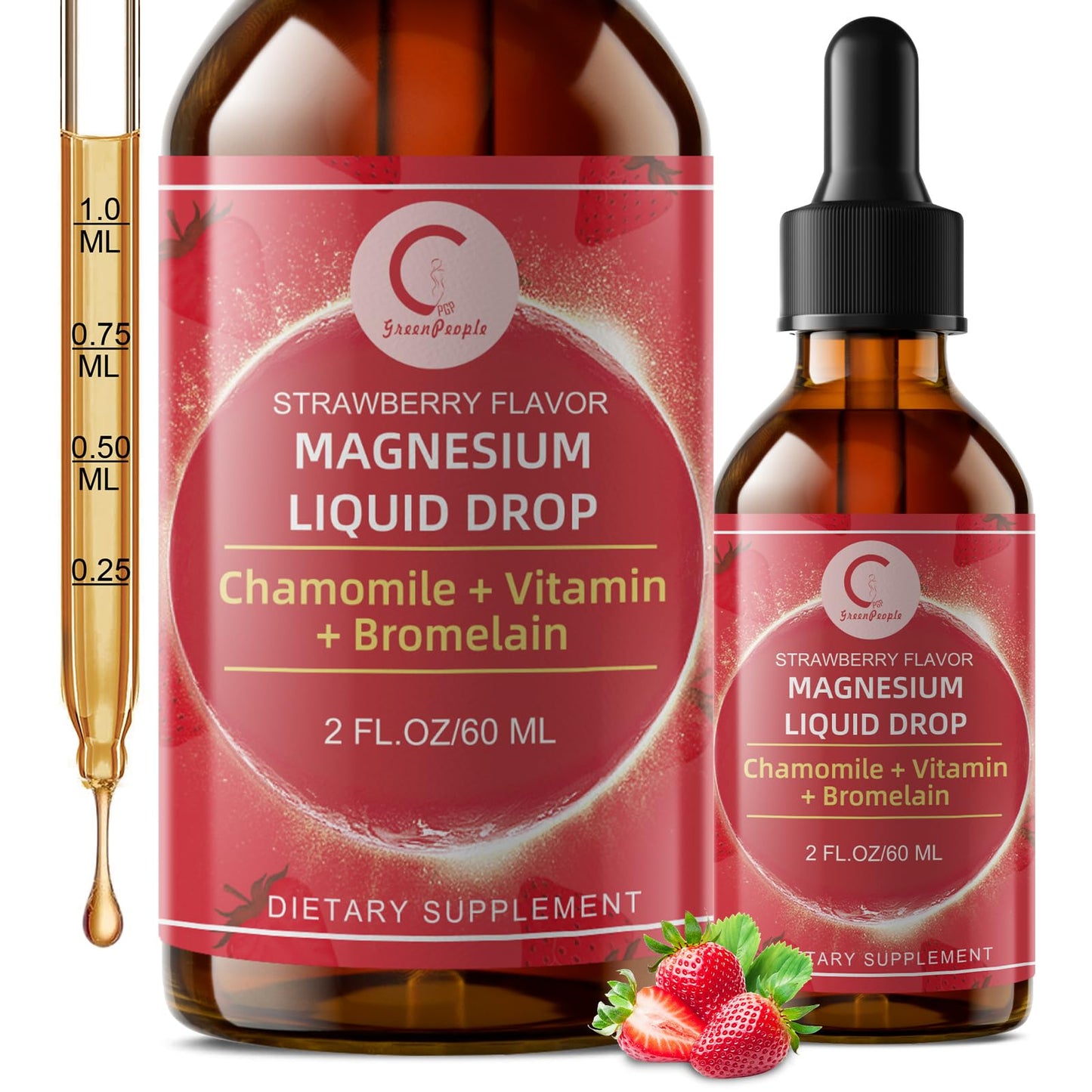 Magnesium Glycinate Liquid Drops with Chamomile, Hawthorn & Ginger for Stress Relief and Digestive Comfort, Fast Absorption, Non-GMO, Vegan Formula, Sugar Free, Strawberry Flavor, 2 Fl OZ