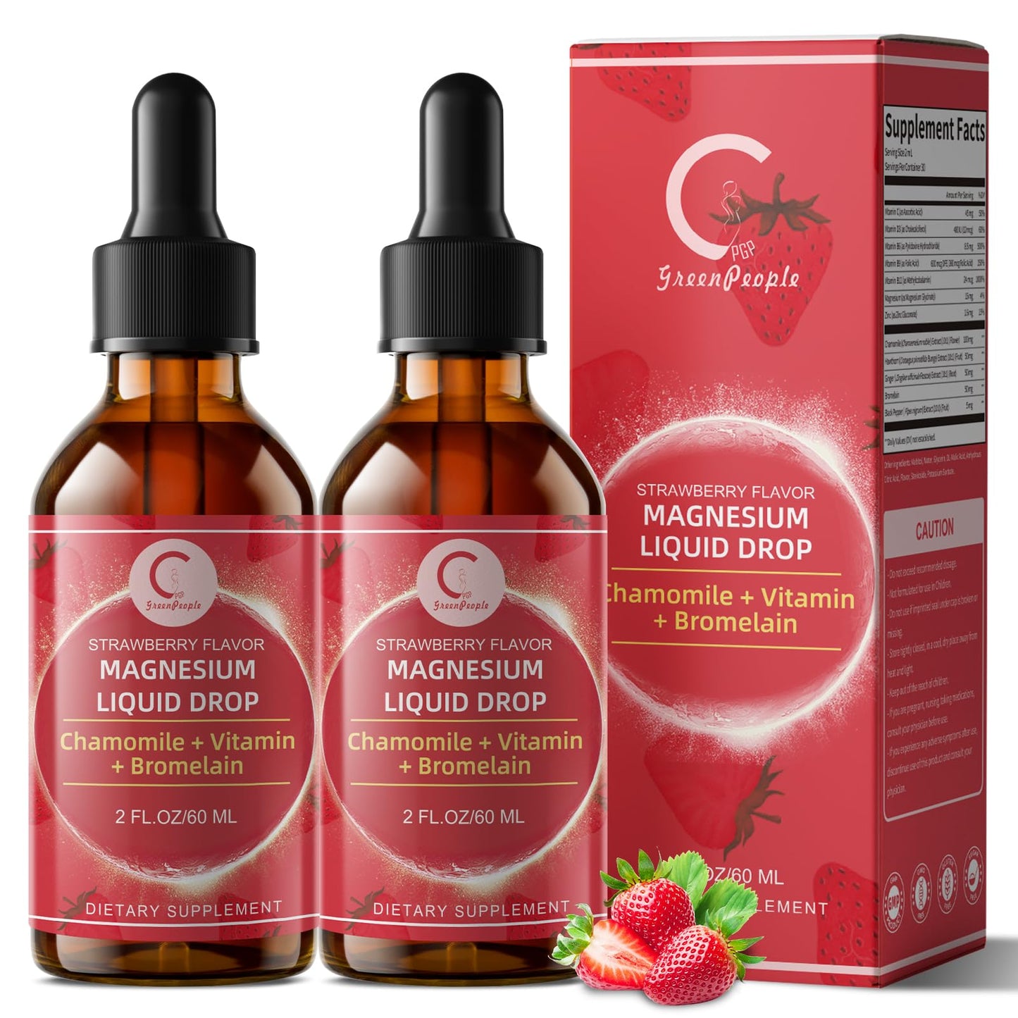 (2 Pack) Magnesium Glycinate Liquid with Chamomile, Hawthorn & Ginger for Stress Relief and Digestive Comfort, Fast Absorption, Non-GMO, Vegan Formula, Sugar Free, Strawberry Flavor, 4 Fl OZ