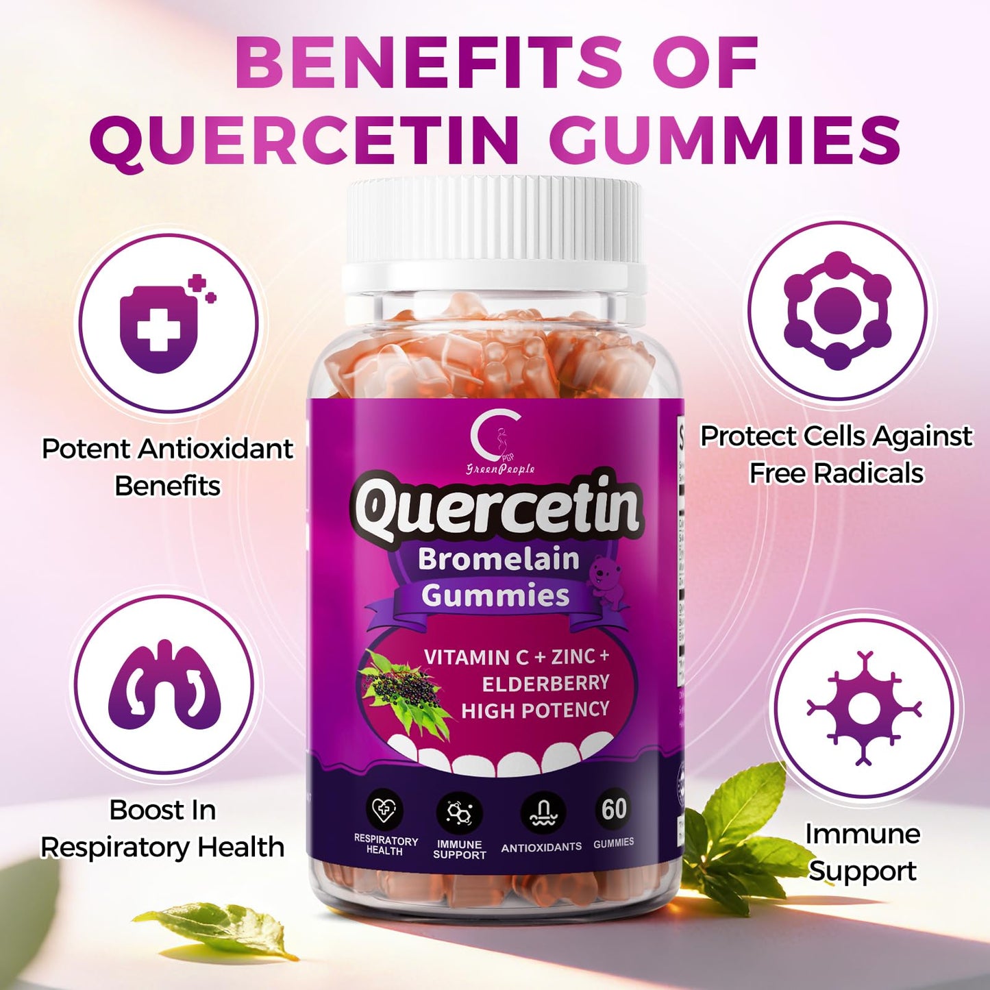 Quercetin Gummies, Quercetin with Bromelain, Vitamin C, Zinc & Elderberry, High Potency Immune Support, Respiratory Health & Antioxidant Supplement for Adult & Kid, Vegan, 60 Gummies (2 Pack)
